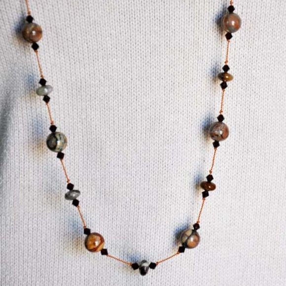 Hand Knotted Handmade Birdseye Rhyolite Swarovski Crystal Necklace Boho Style - Picture 4 of 5
